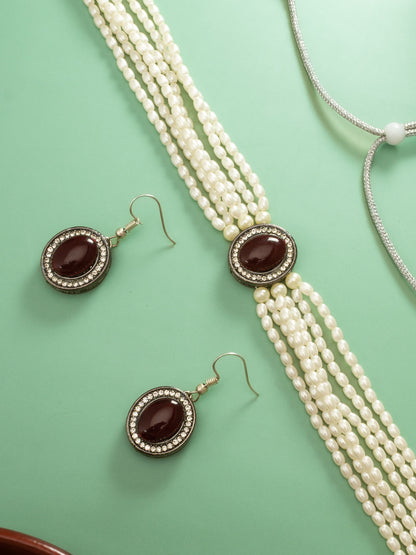 Aadita Silver Plated Pearl Choker Set with Maroon Stone