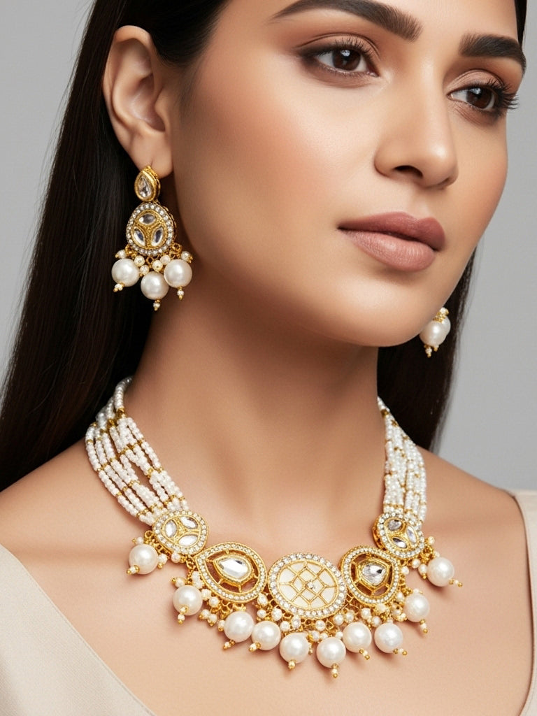 Aadita Gold Plated Kundan and Multi-Strand Pearl Choker Set