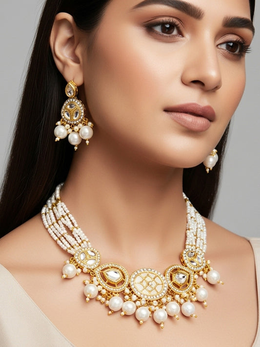 Aadita Gold Plated Kundan and Multi-Strand Pearl Choker Set
