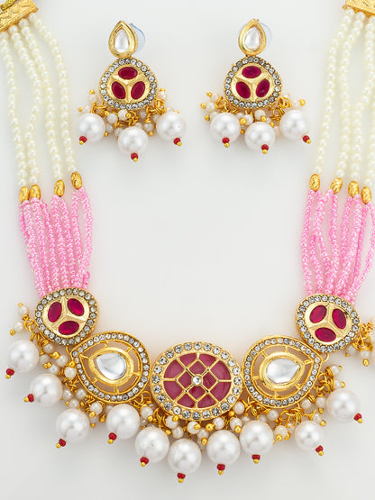 Aadita Gold Plated Pink and White Pearl Kundan Choker Set
