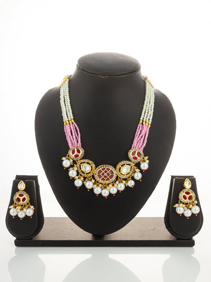 Aadita Gold Plated Pink and White Pearl Kundan Choker Set