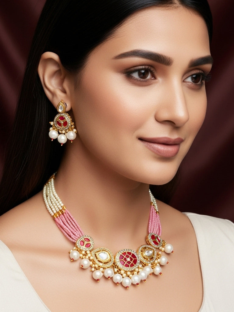 Aadita Gold Plated Pink and White Pearl Kundan Choker Set