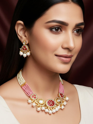 Aadita Gold Plated Pink and White Pearl Kundan Choker Set