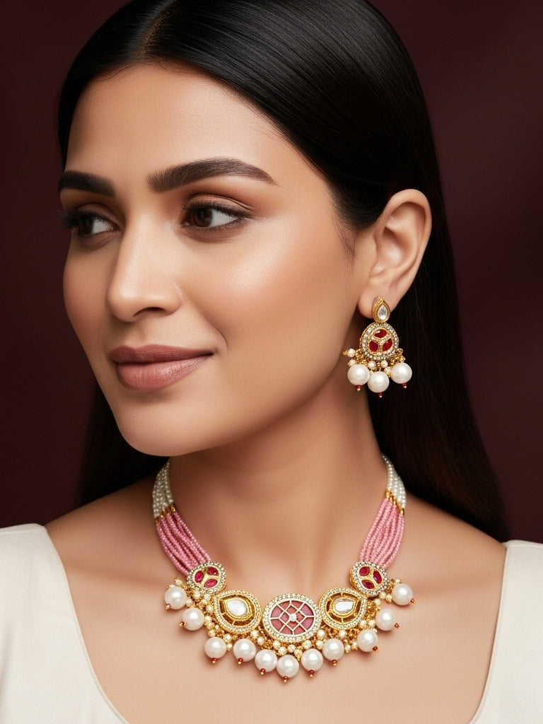 Aadita Gold Plated Pink and White Pearl Kundan Choker Set