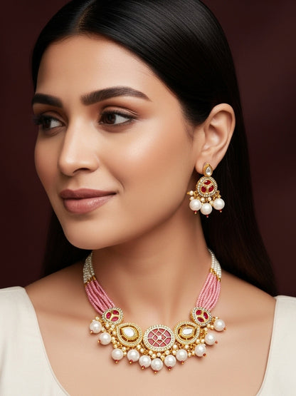 Aadita Gold Plated Pink and White Pearl Kundan Choker Set