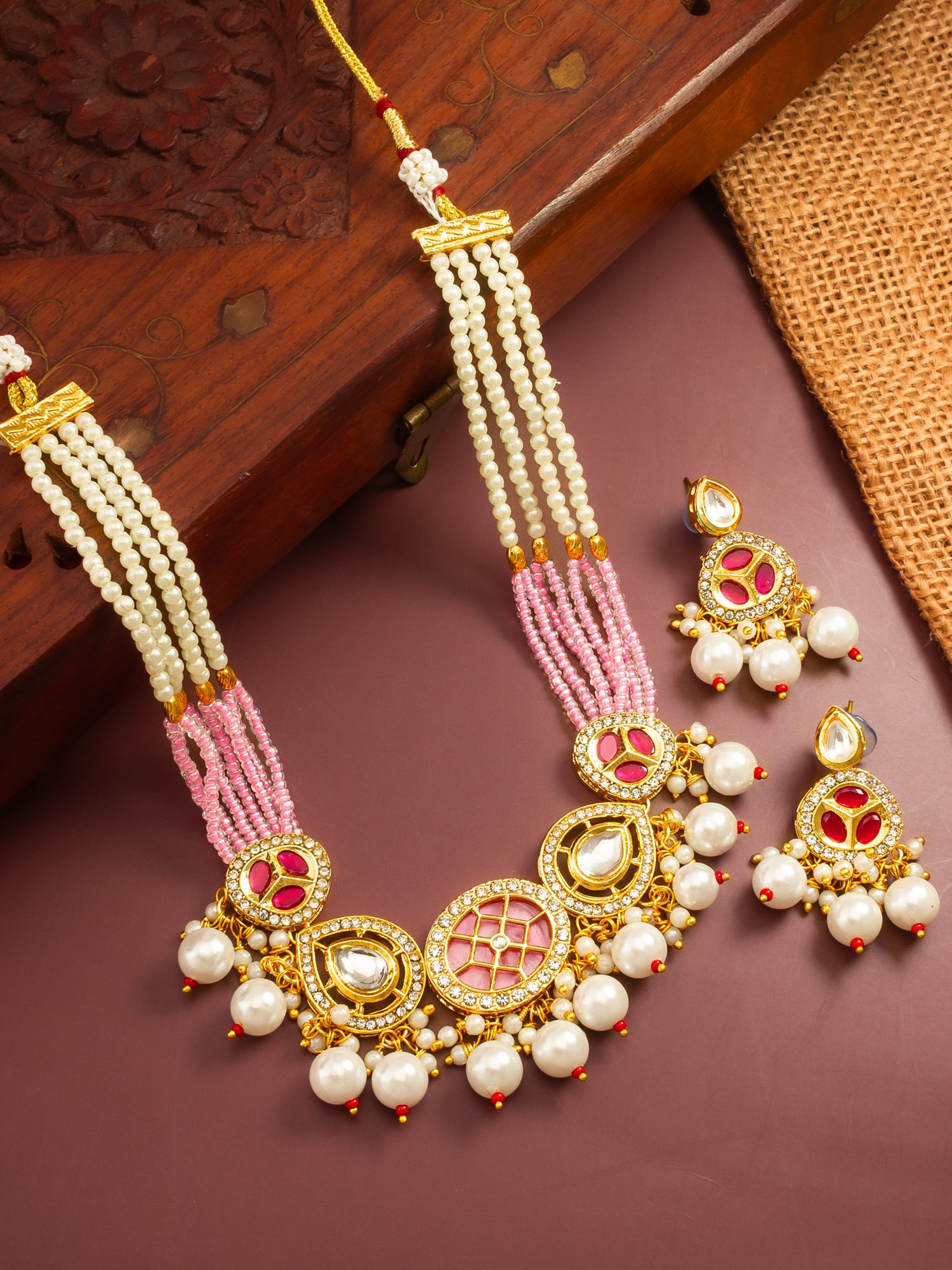 Aadita Gold Plated Pink and White Pearl Kundan Choker Set