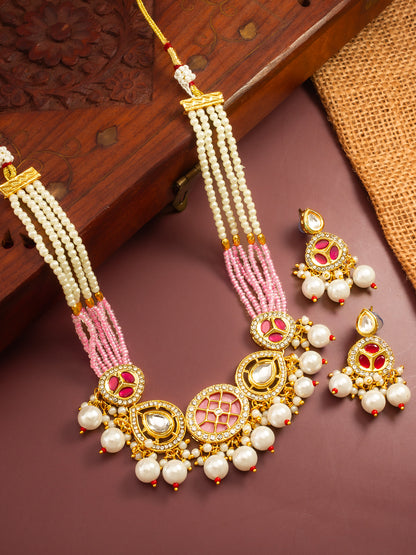 Aadita Gold Plated Pink and White Pearl Kundan Choker Set