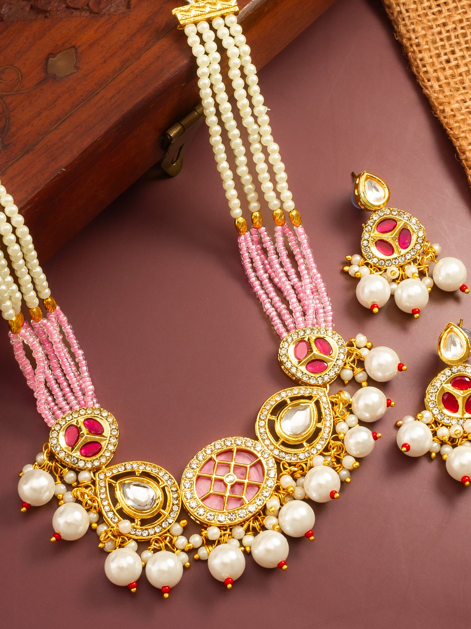 Aadita Gold Plated Pink and White Pearl Kundan Choker Set