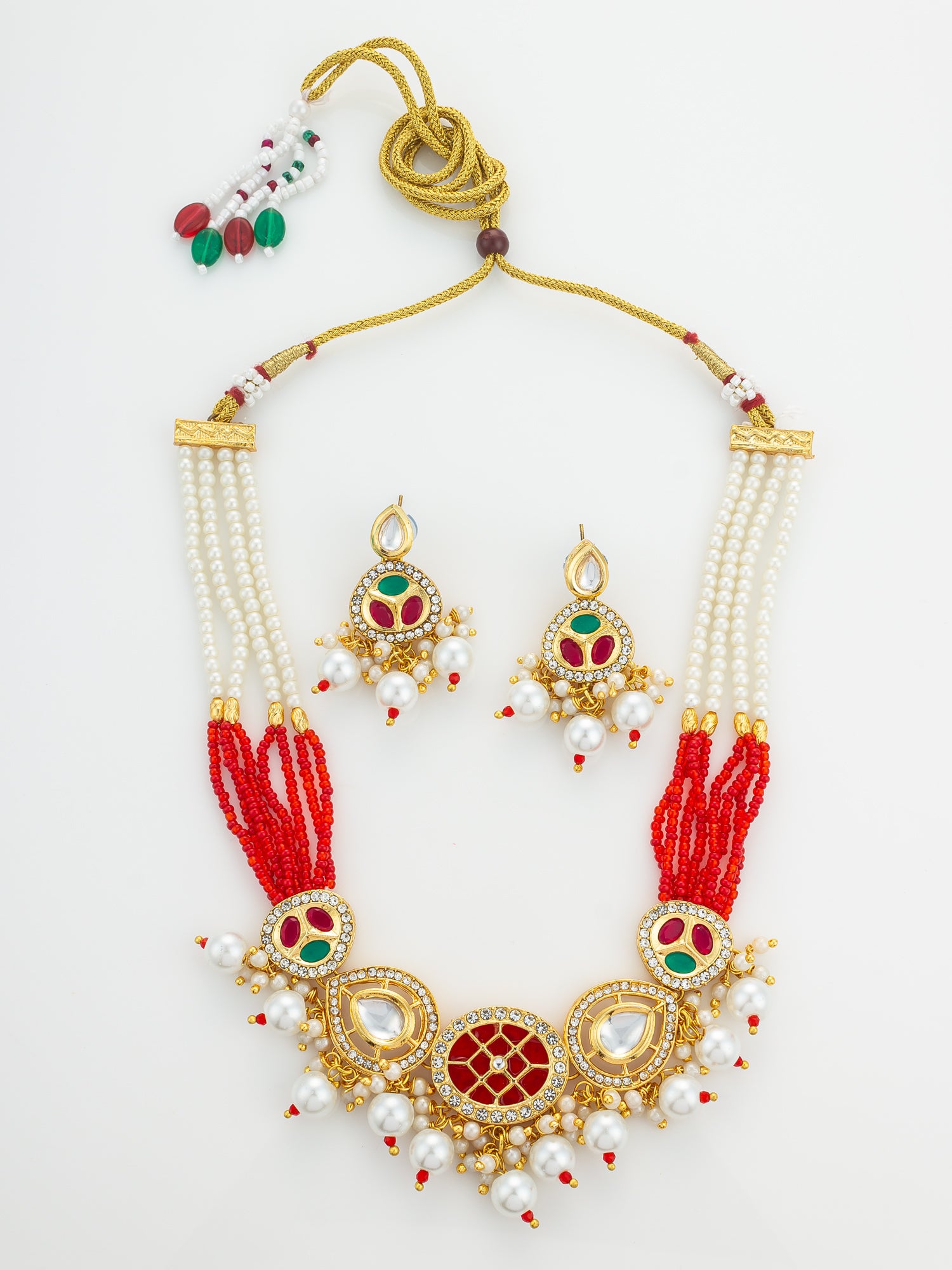 Aadita Gold Plated Red and Green Kundan Pearl Choker Set