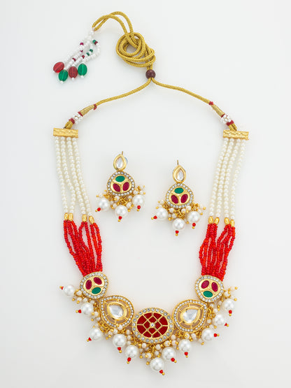 Aadita Gold Plated Red and Green Kundan Pearl Choker Set