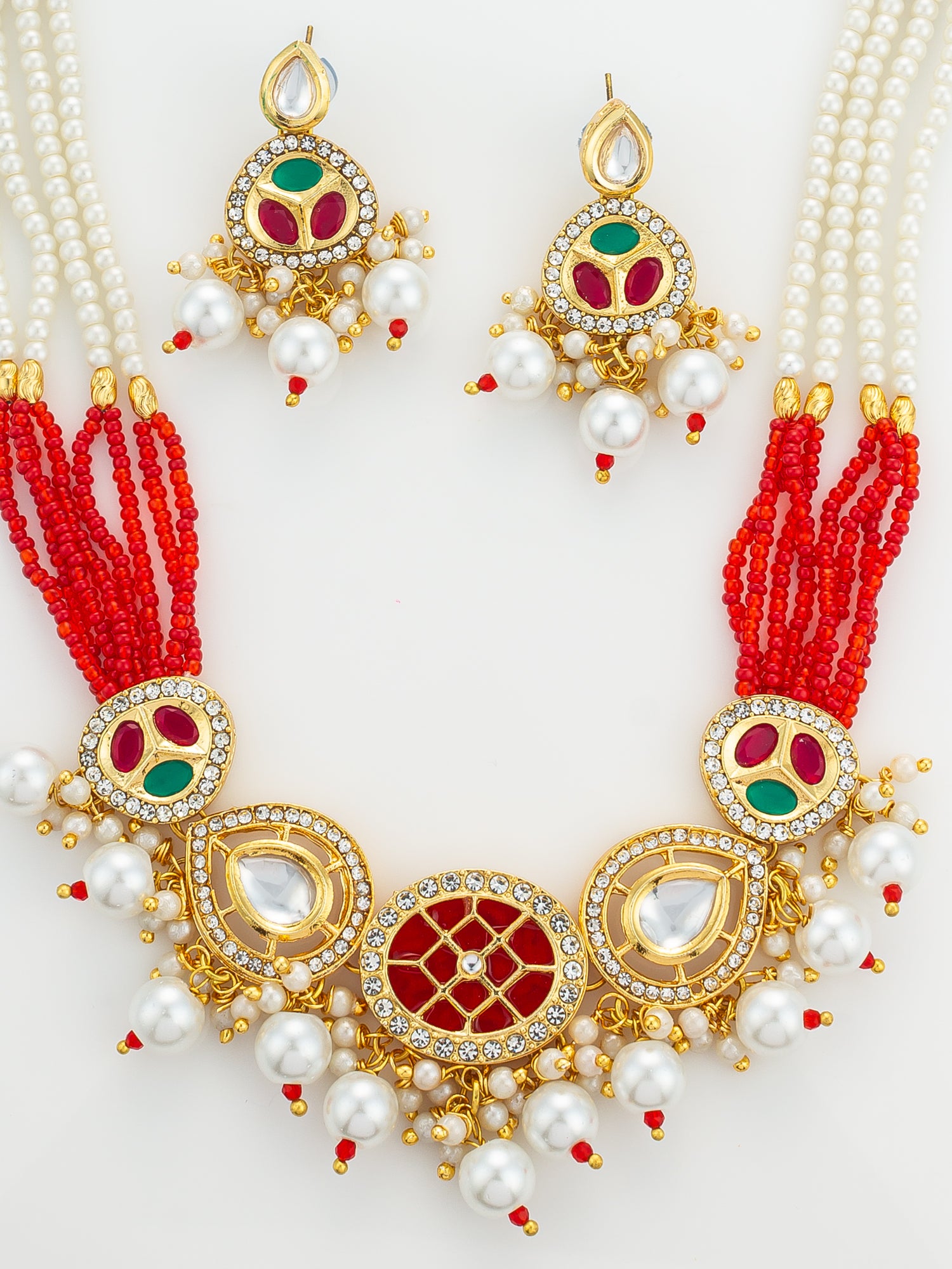 Aadita Gold Plated Red and Green Kundan Pearl Choker Set