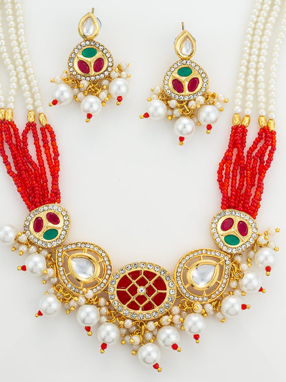 Aadita Gold Plated Red and Green Kundan Pearl Choker Set