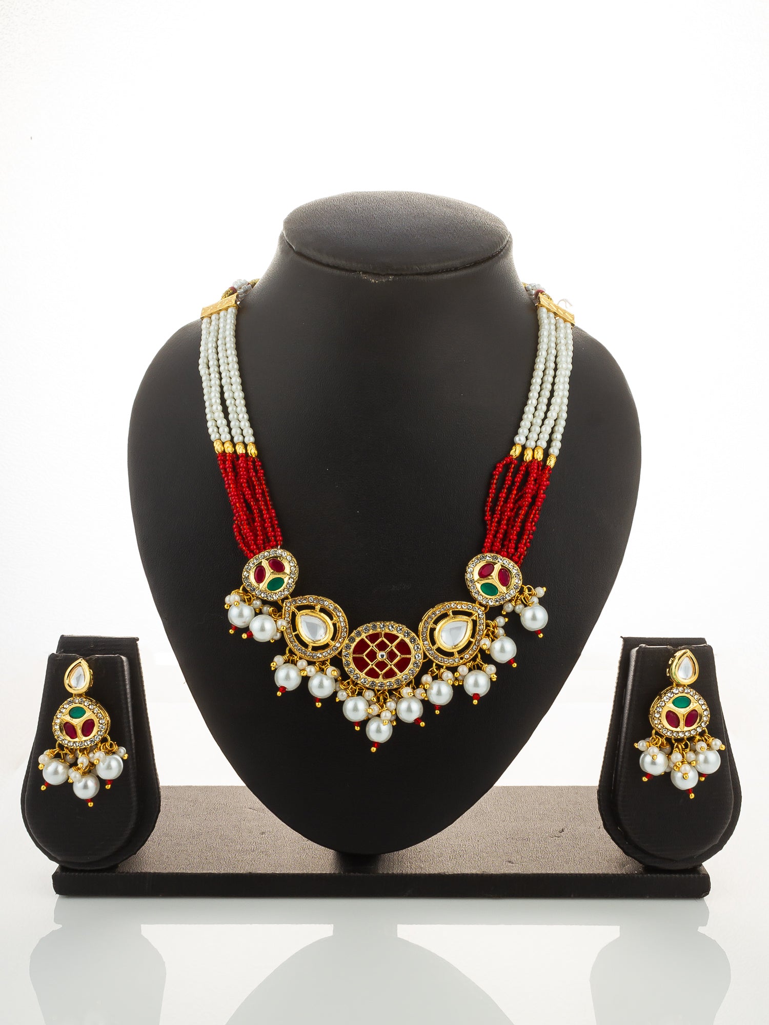 Aadita Gold Plated Red and Green Kundan Pearl Choker Set
