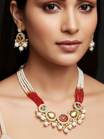 Aadita Gold Plated Red and Green Kundan Pearl Choker Set