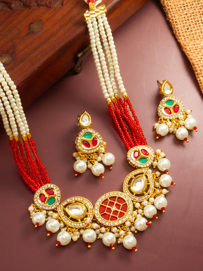 Aadita Gold Plated Red and Green Kundan Pearl Choker Set