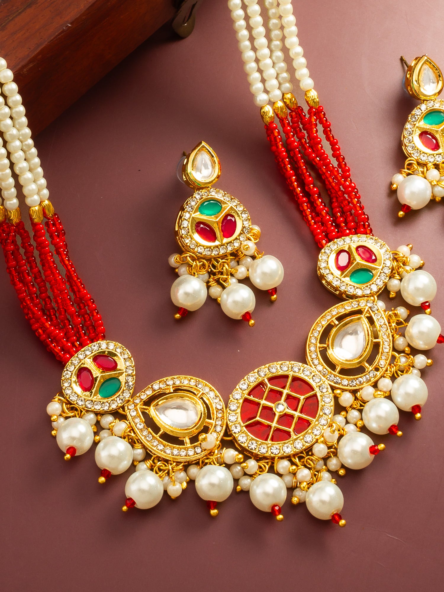 Aadita Gold Plated Red and Green Kundan Pearl Choker Set