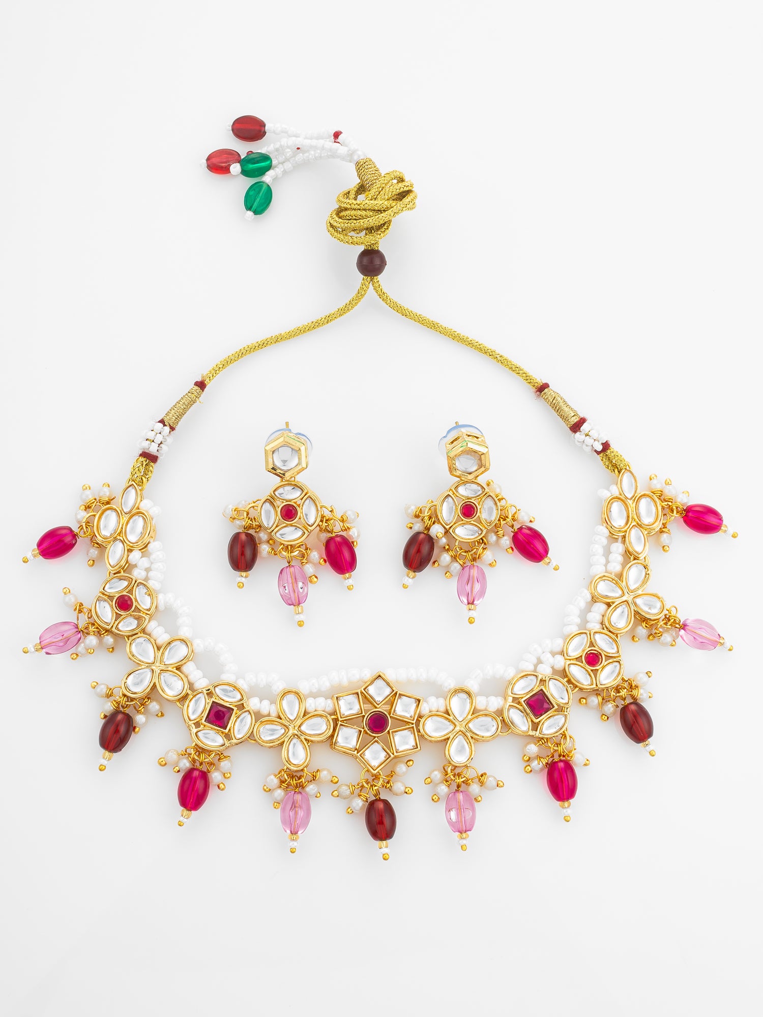 Aadita Gold Plated Kundan Floral Necklace Set with Pink and Maroon Beads