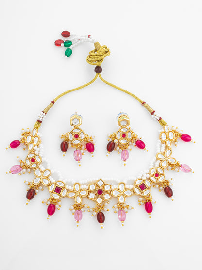 Aadita Gold Plated Kundan Floral Necklace Set with Pink and Maroon Beads