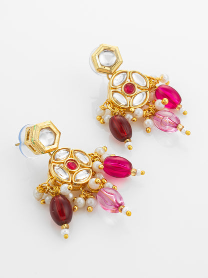 Aadita Gold Plated Kundan Floral Necklace Set with Pink and Maroon Beads