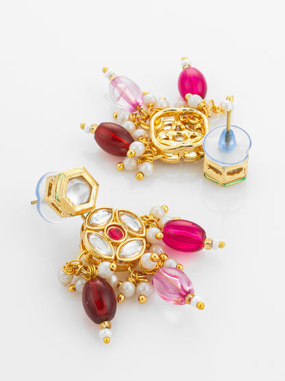 Aadita Gold Plated Kundan Floral Necklace Set with Pink and Maroon Beads