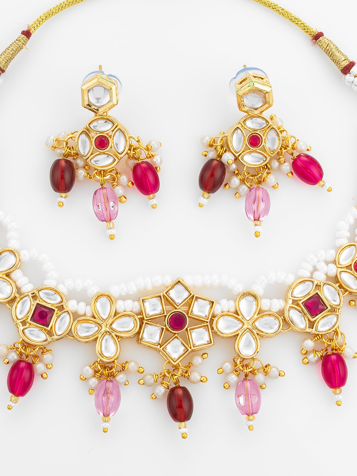 Aadita Gold Plated Kundan Floral Necklace Set with Pink and Maroon Beads