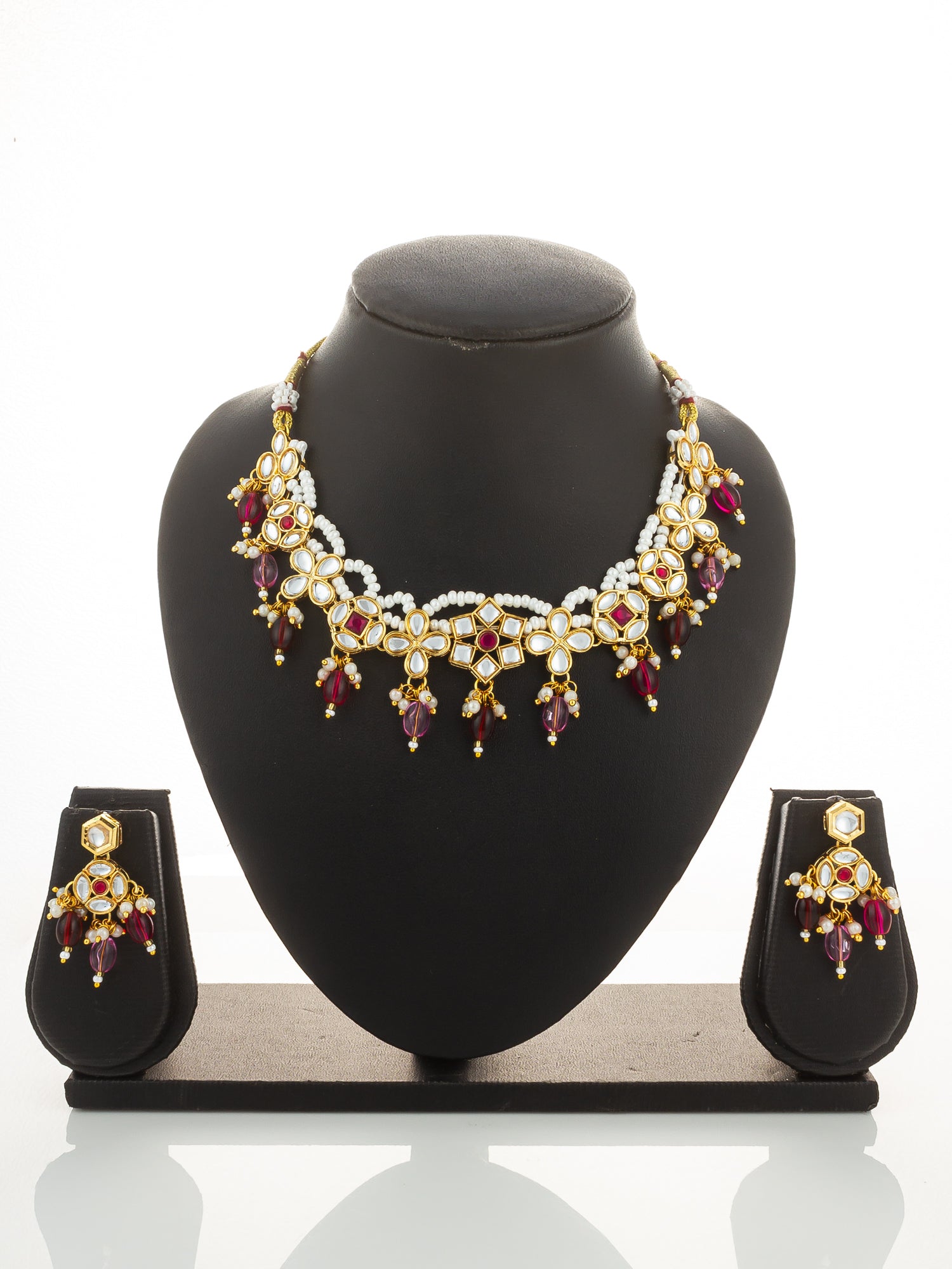 Aadita Gold Plated Kundan Floral Necklace Set with Pink and Maroon Beads