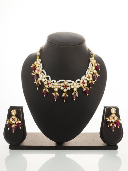 Aadita Gold Plated Kundan Floral Necklace Set with Pink and Maroon Beads