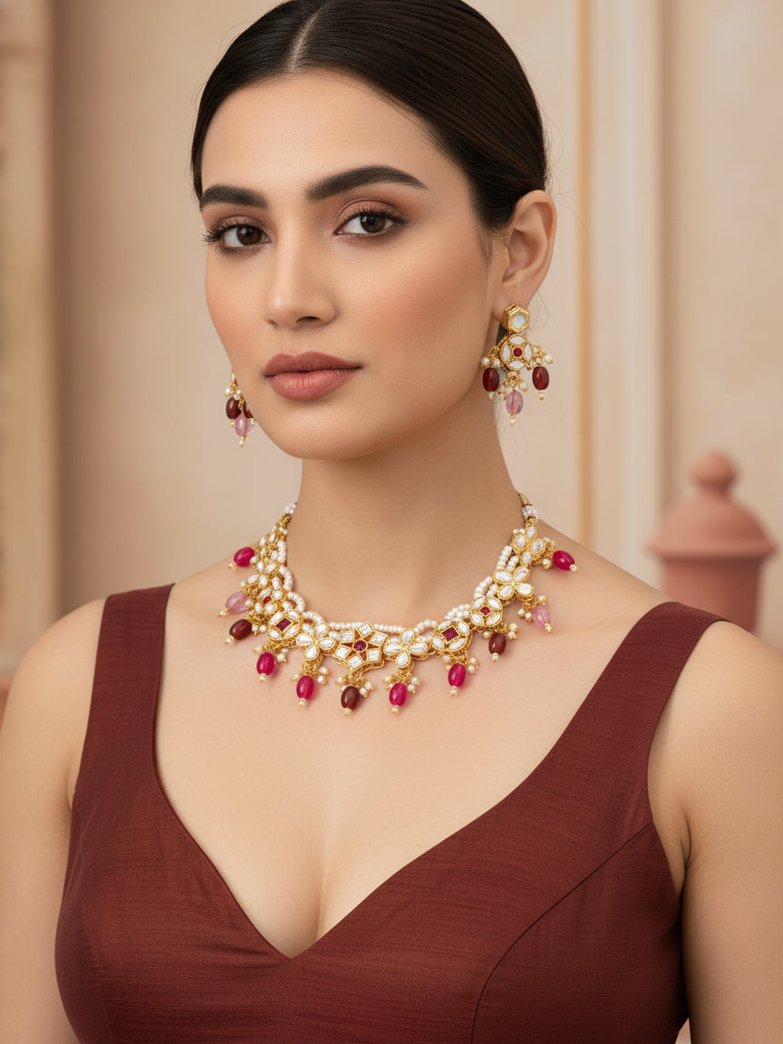 Aadita Gold Plated Kundan Floral Necklace Set with Pink and Maroon Beads