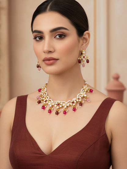 Aadita Gold Plated Kundan Floral Necklace Set with Pink and Maroon Beads