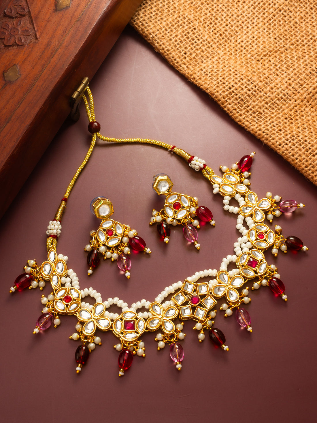 Gold Plated Kundan Floral Necklace Set with Pink and Maroon Beads