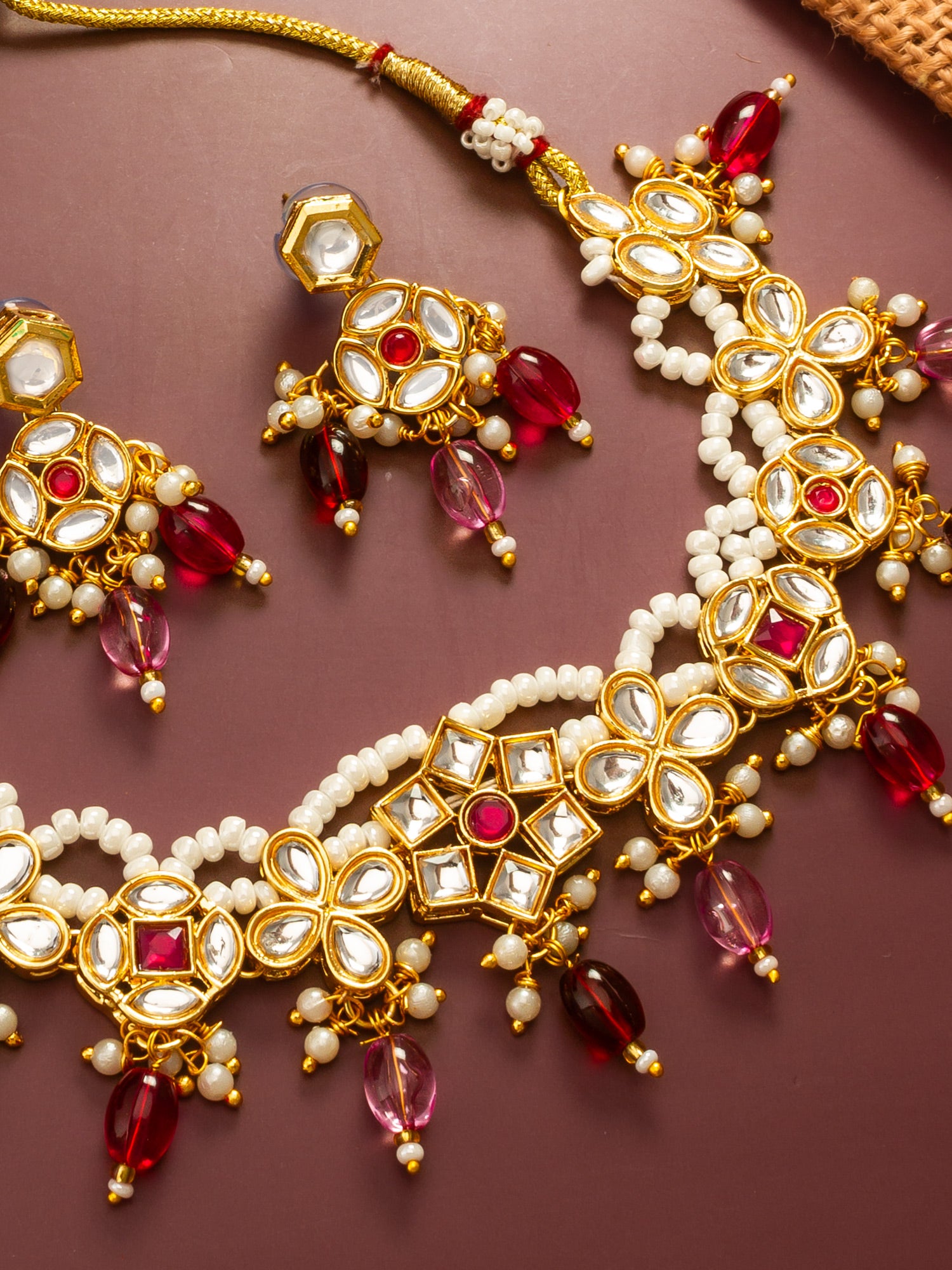 Aadita Gold Plated Kundan Floral Necklace Set with Pink and Maroon Beads