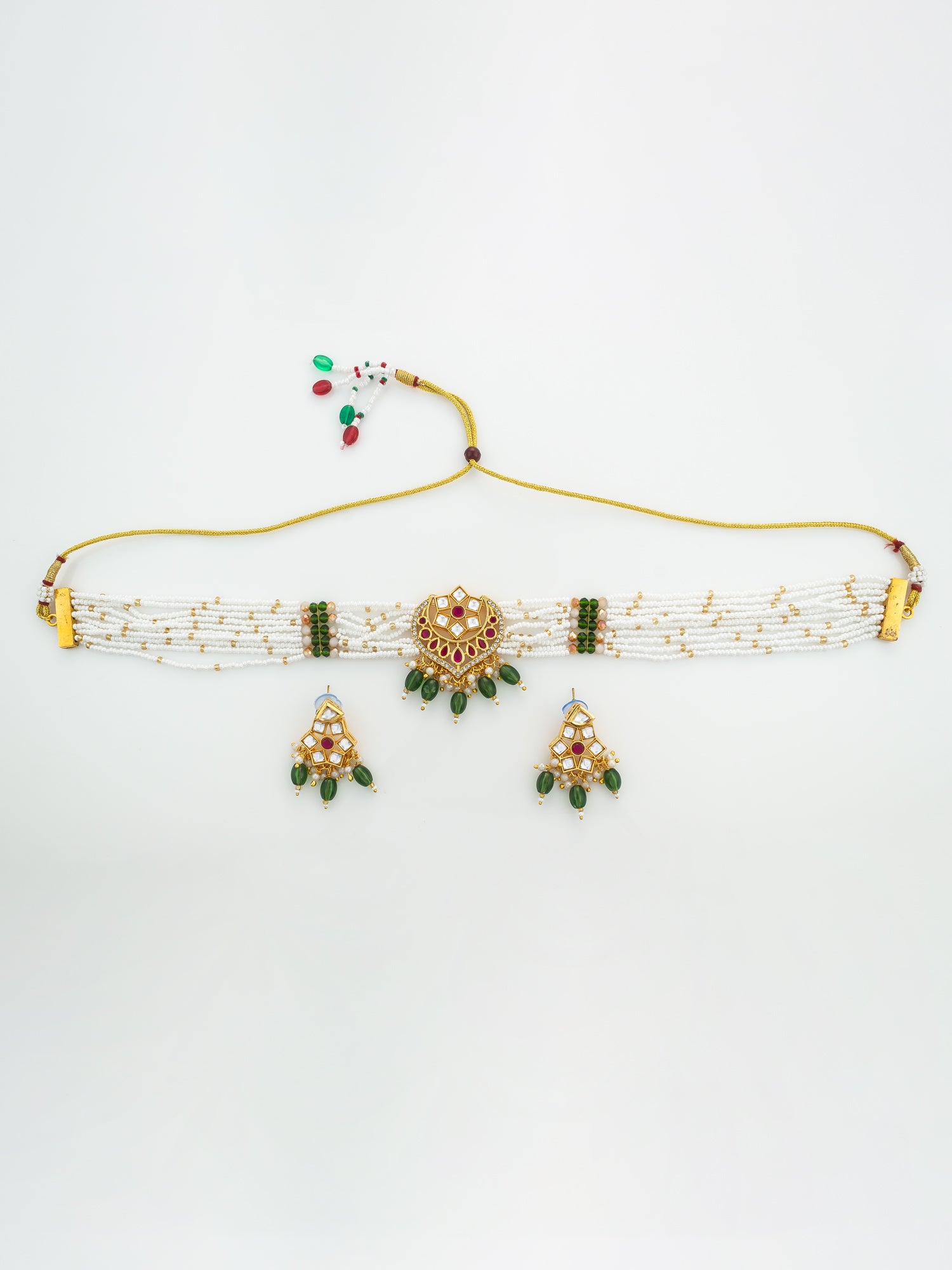Aadita Gold Plated Pearl Choker Necklace Set with Kundan Pendant and Green Beads