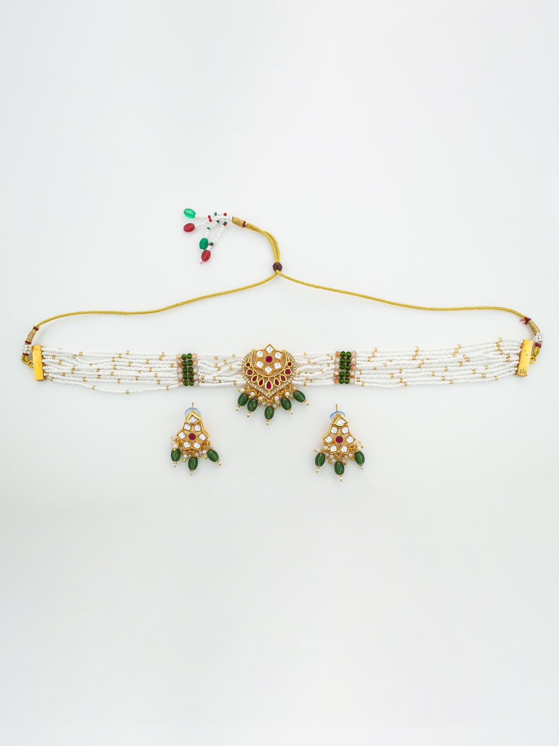 Aadita Gold Plated Pearl Choker Necklace Set with Kundan Pendant and Green Beads
