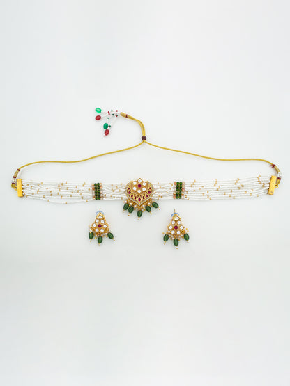 Aadita Gold Plated Pearl Choker Necklace Set with Kundan Pendant and Green Beads
