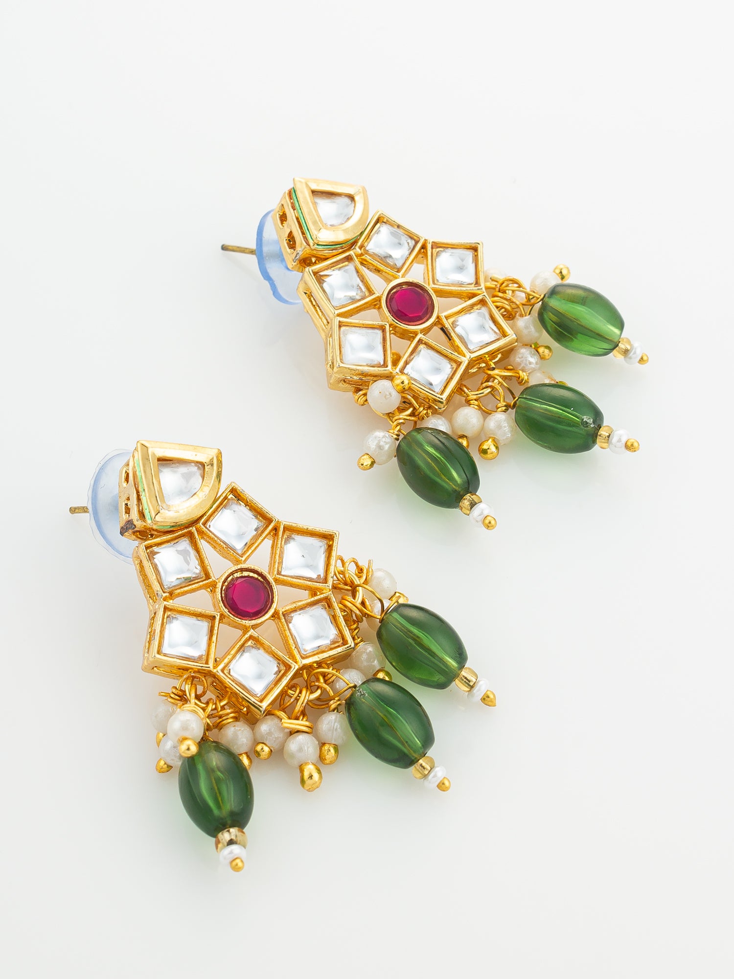 Aadita Gold Plated Pearl Choker Necklace Set with Kundan Pendant and Green Beads