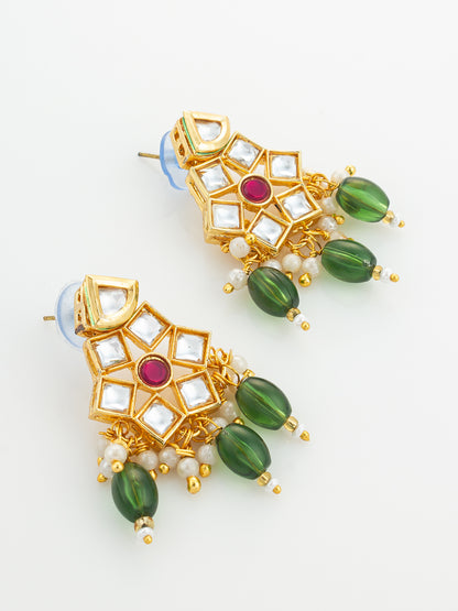 Aadita Gold Plated Pearl Choker Necklace Set with Kundan Pendant and Green Beads