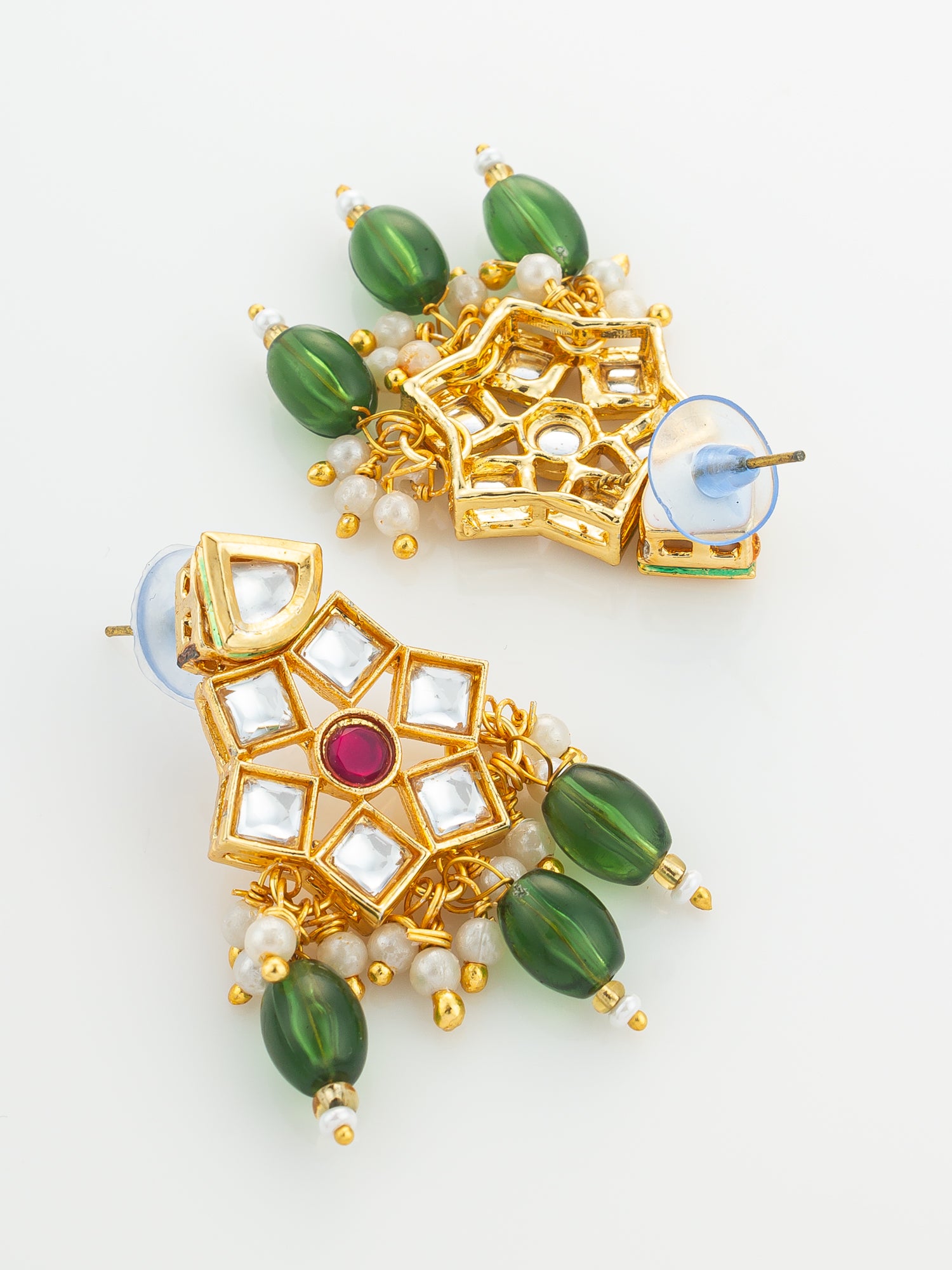 Aadita Gold Plated Pearl Choker Necklace Set with Kundan Pendant and Green Beads