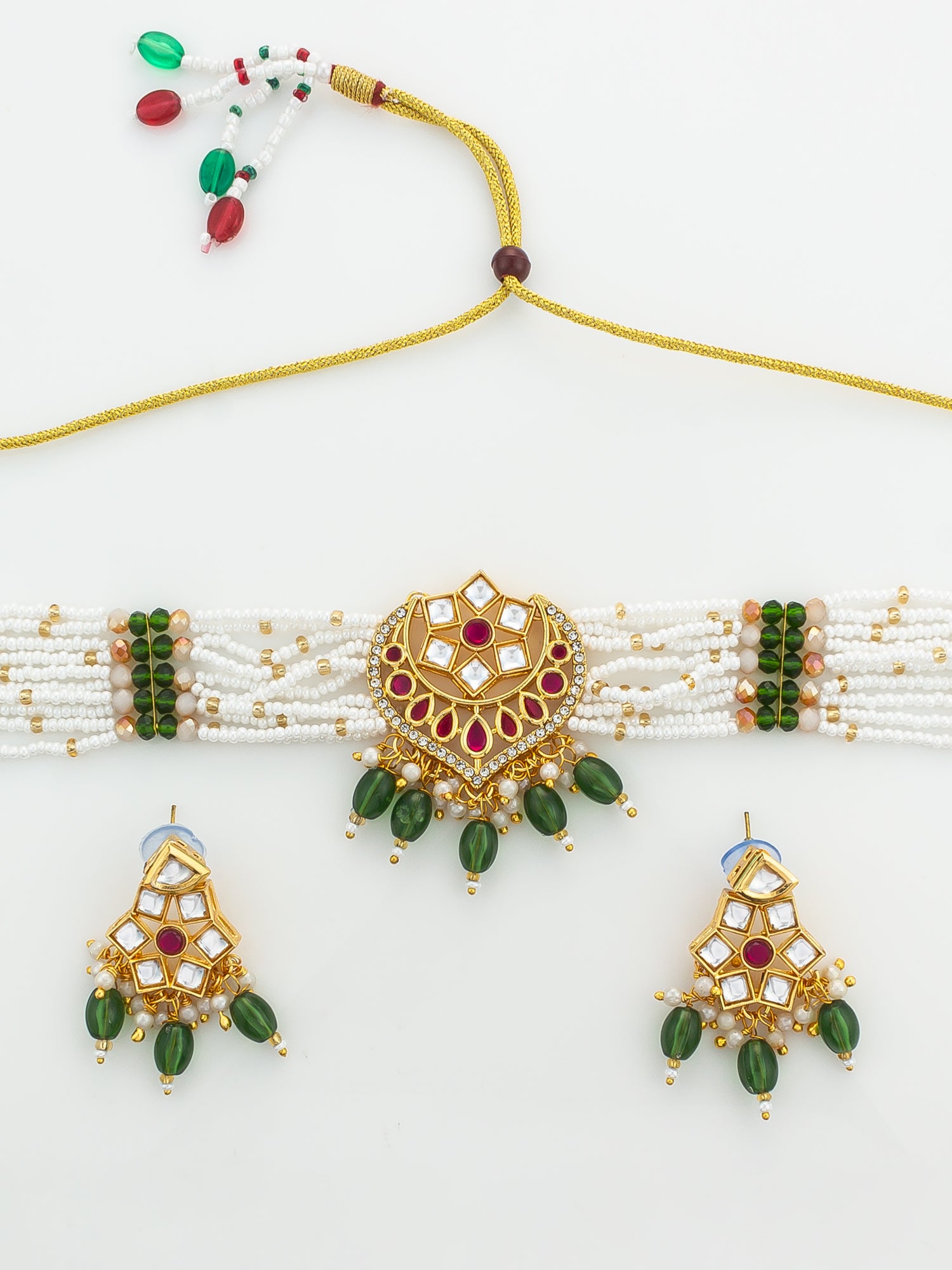 Aadita Gold Plated Pearl Choker Necklace Set with Kundan Pendant and Green Beads