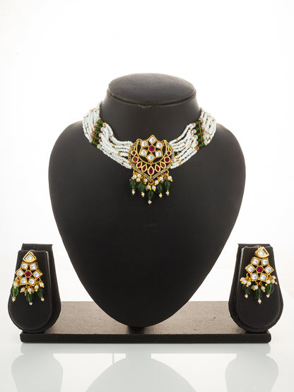 Aadita Gold Plated Pearl Choker Necklace Set with Kundan Pendant and Green Beads