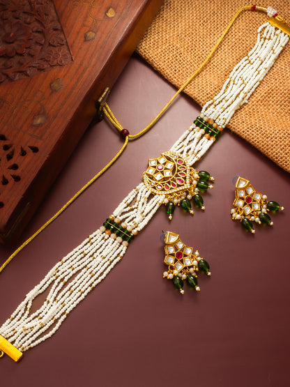 Aadita Gold Plated Pearl Choker Necklace Set with Kundan Pendant and Green Beads