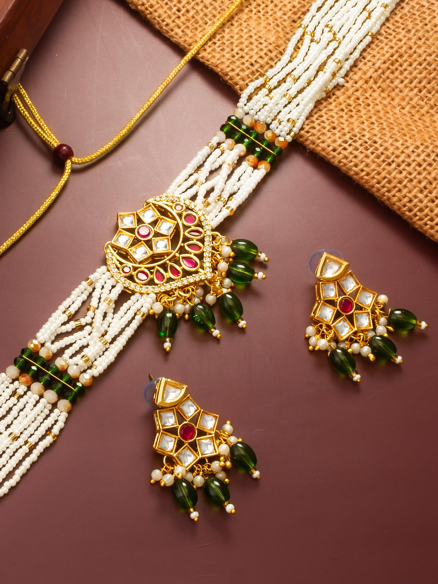 Aadita Gold Plated Pearl Choker Necklace Set with Kundan Pendant and Green Beads