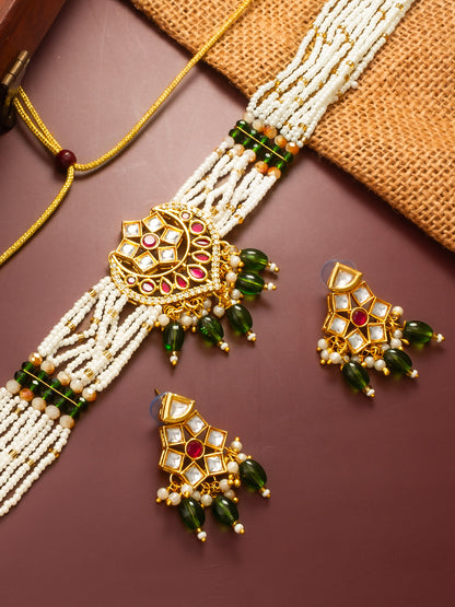 Aadita Gold Plated Pearl Choker Necklace Set with Kundan Pendant and Green Beads