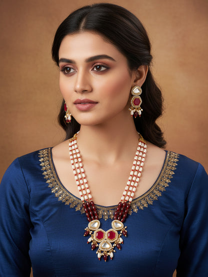 Aadita Gold Plated Long Pearl & Red Stone Necklace Set
