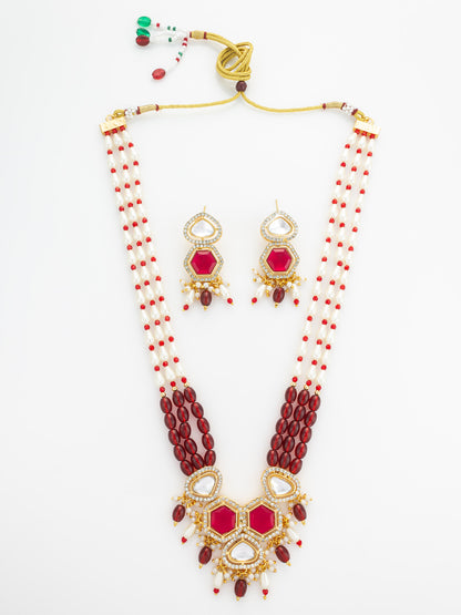 Aadita Gold Plated Long Pearl & Red Stone Necklace Set