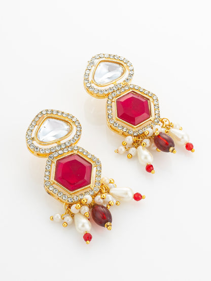 Aadita Gold Plated Long Pearl & Red Stone Necklace Set