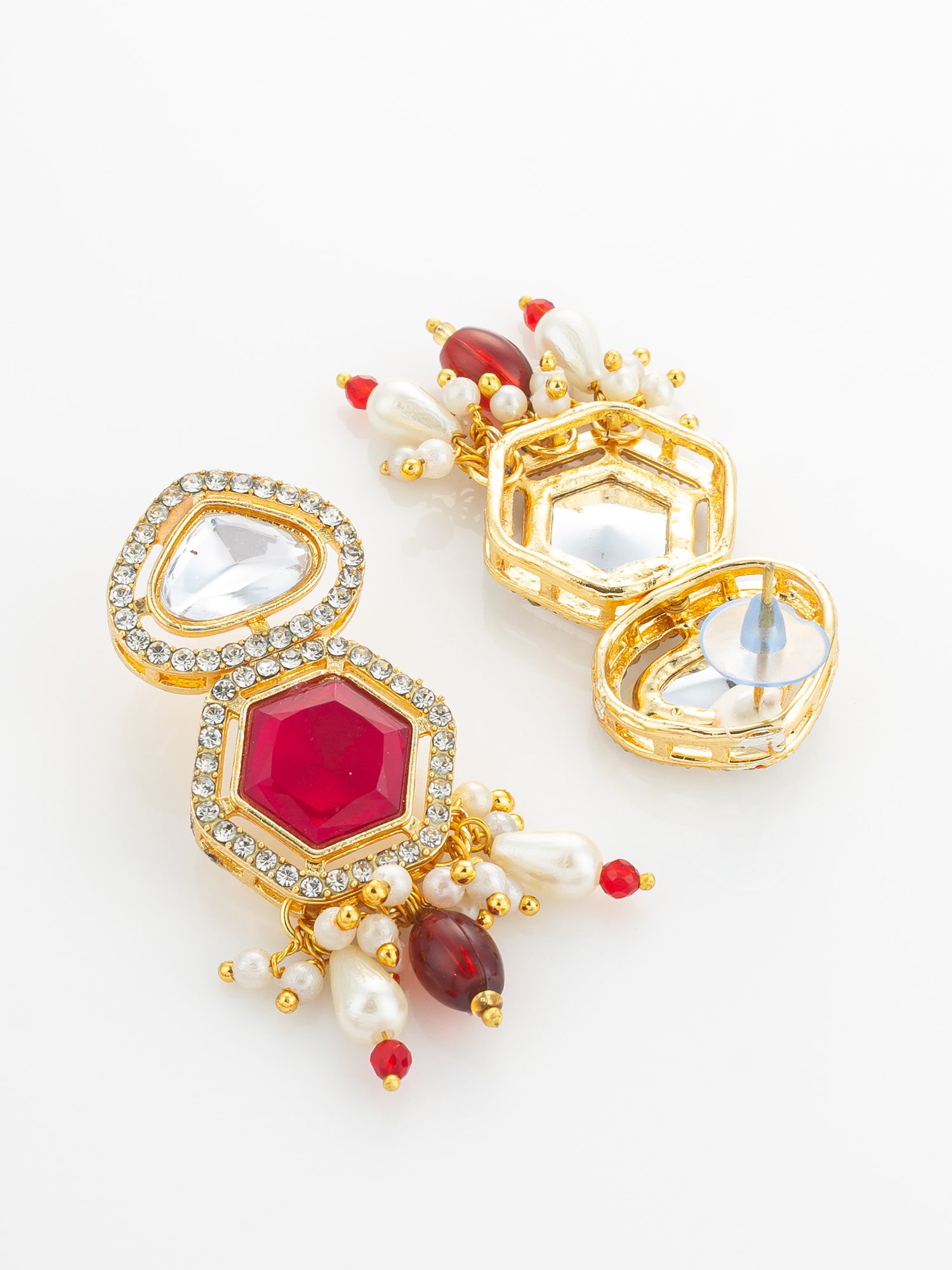 Aadita Gold Plated Long Pearl & Red Stone Necklace Set