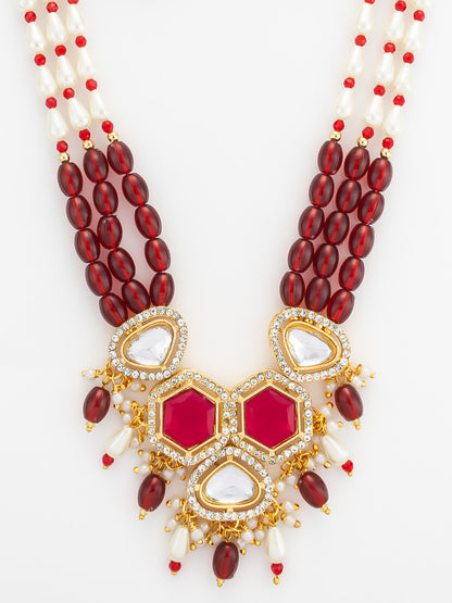 Aadita Gold Plated Long Pearl & Red Stone Necklace Set