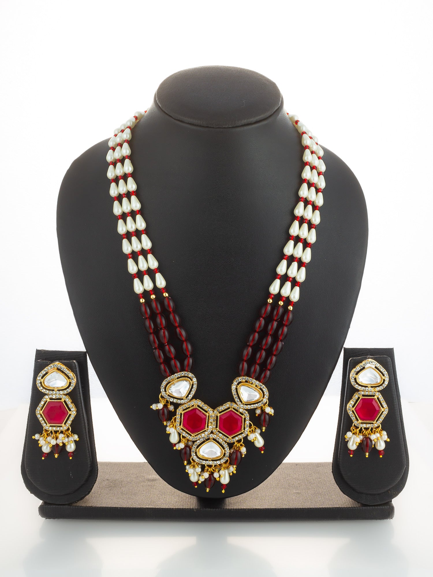 Aadita Gold Plated Long Pearl & Red Stone Necklace Set