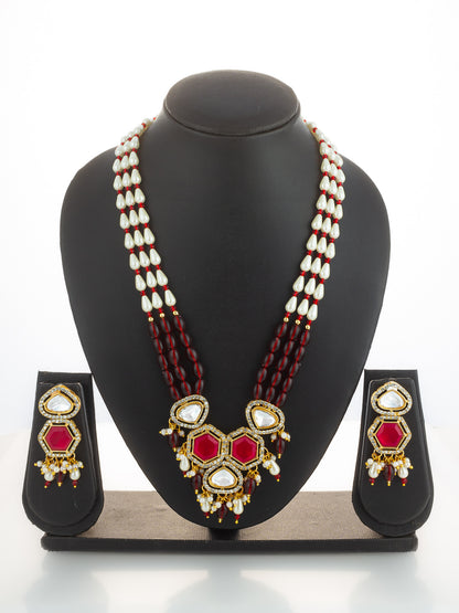 Aadita Gold Plated Long Pearl & Red Stone Necklace Set