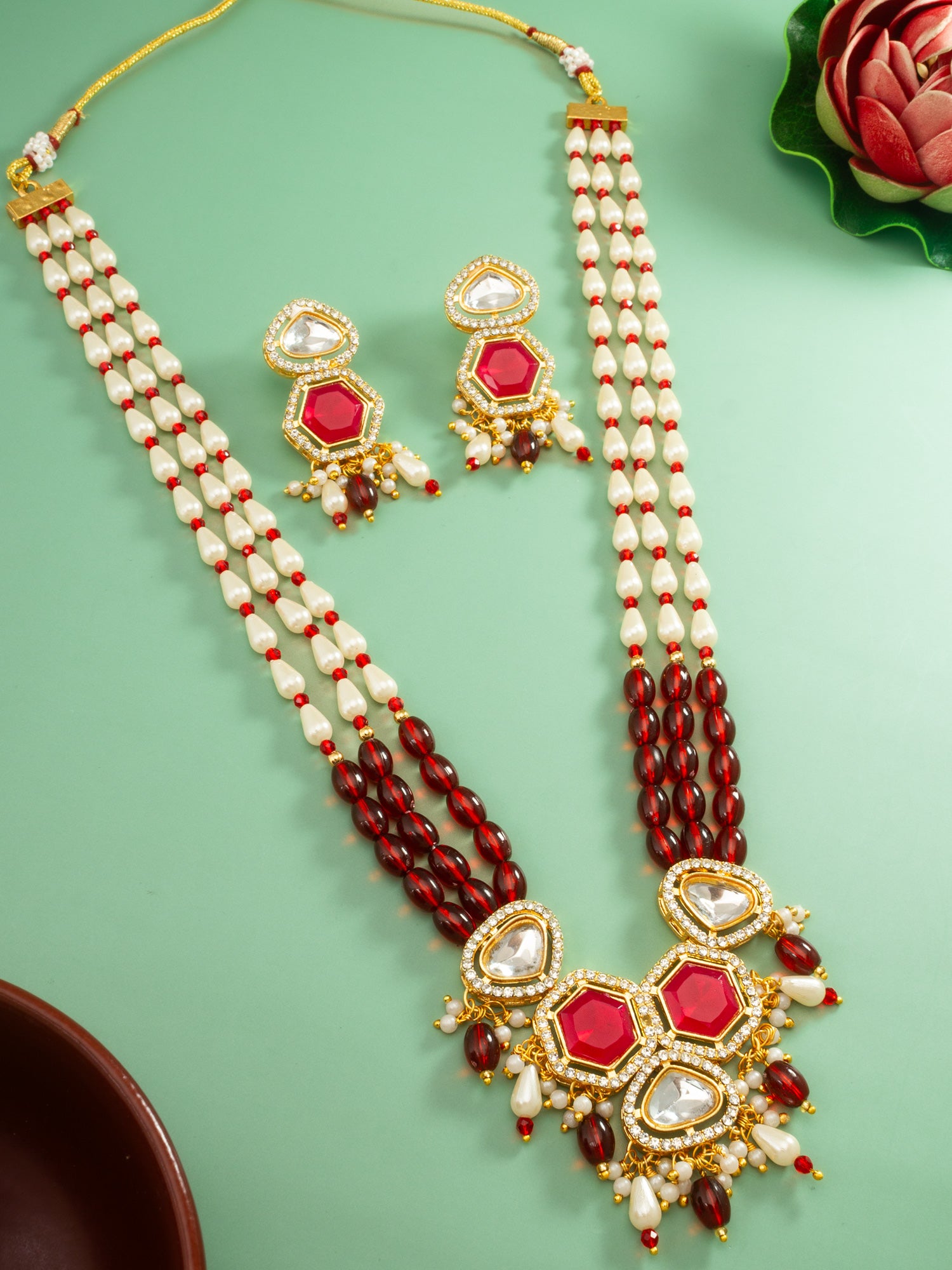 Aadita Gold Plated Long Pearl & Red Stone Necklace Set